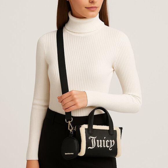 NWT Juicy Couture Black Faux Leather Mini Tote with Sherpa Trim - Picture 1 of 16